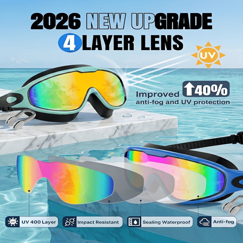 Wide-View Swimming Goggles with Mirrored Lenses, Earplugs, Nose Clip and Phone Pouch, Turquoise Blue or Lake Blue Pool and Outdoor Travel Accessory