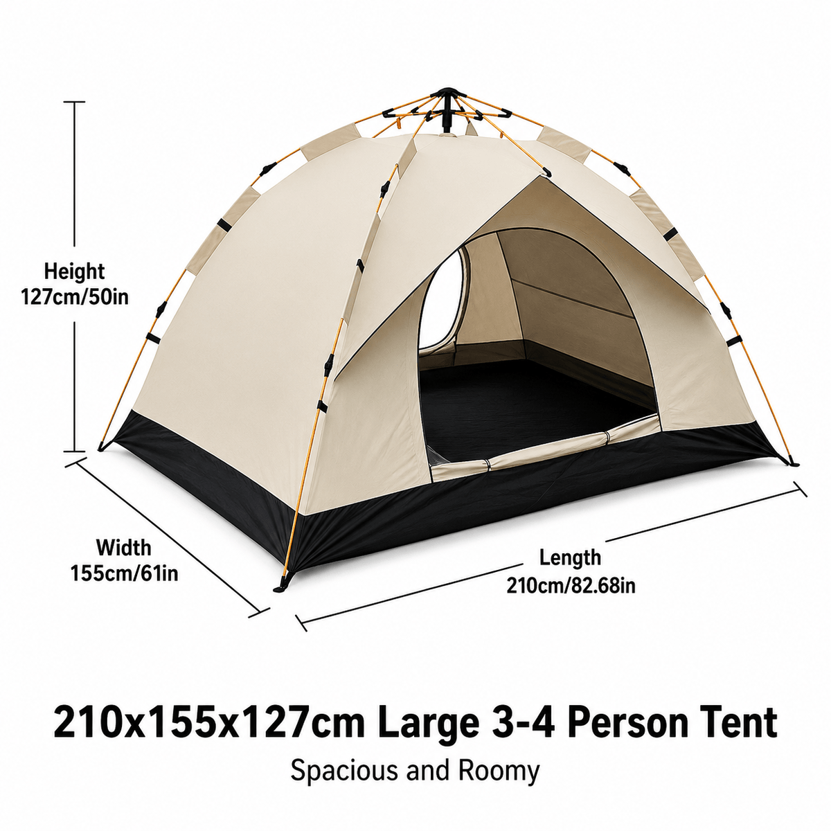 3–4 Person Instant Camping Tent with Two Doors, Quick-Setup Outdoor Shelter in Two-Window or No-Window Models, 82.68 x 61 x 50 in
