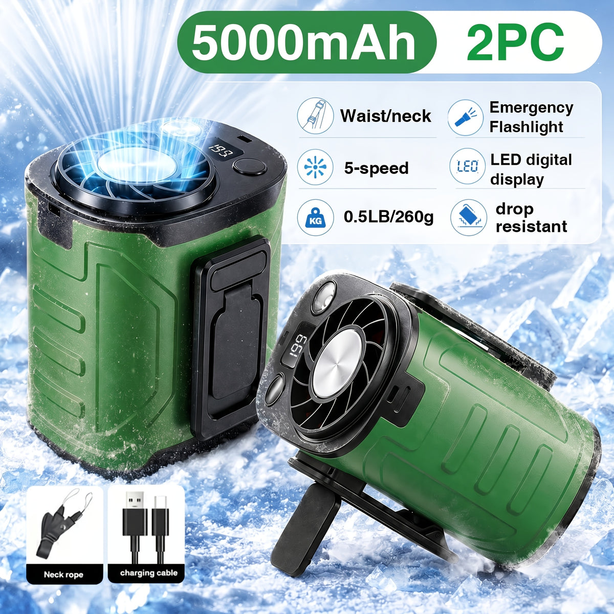 5000mAh Portable Waist Fan with 199 Speed Settings, Listed 18000 RPM Brushless Motor and LED Power Display in Orange, Green or Black, 1 or 2 Pieces