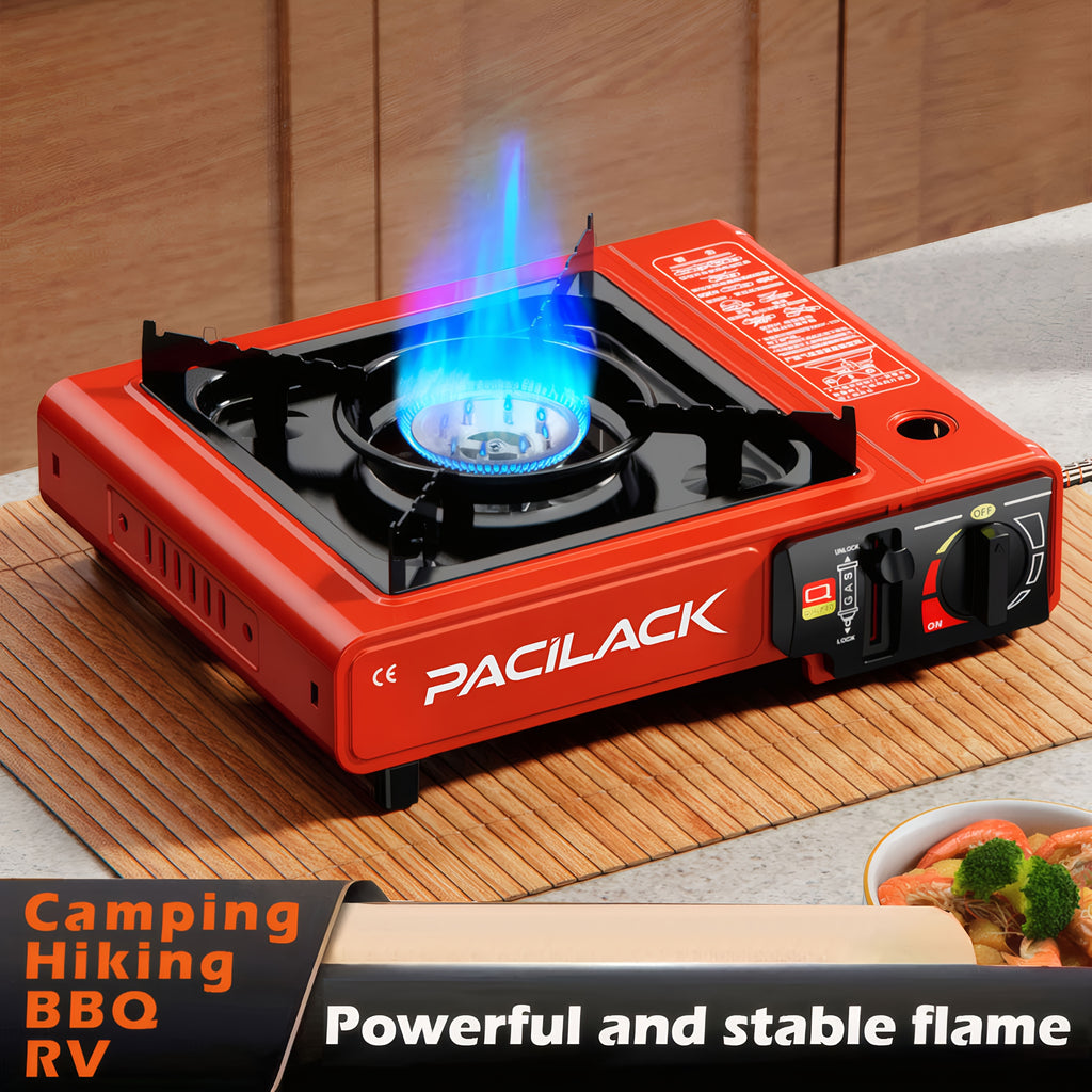 Butane Camping Stove with Windscreen and Carrying Case, Portable Outdoor Cooking Equipment for Campsite Meals and Tailgating in Black or Red
