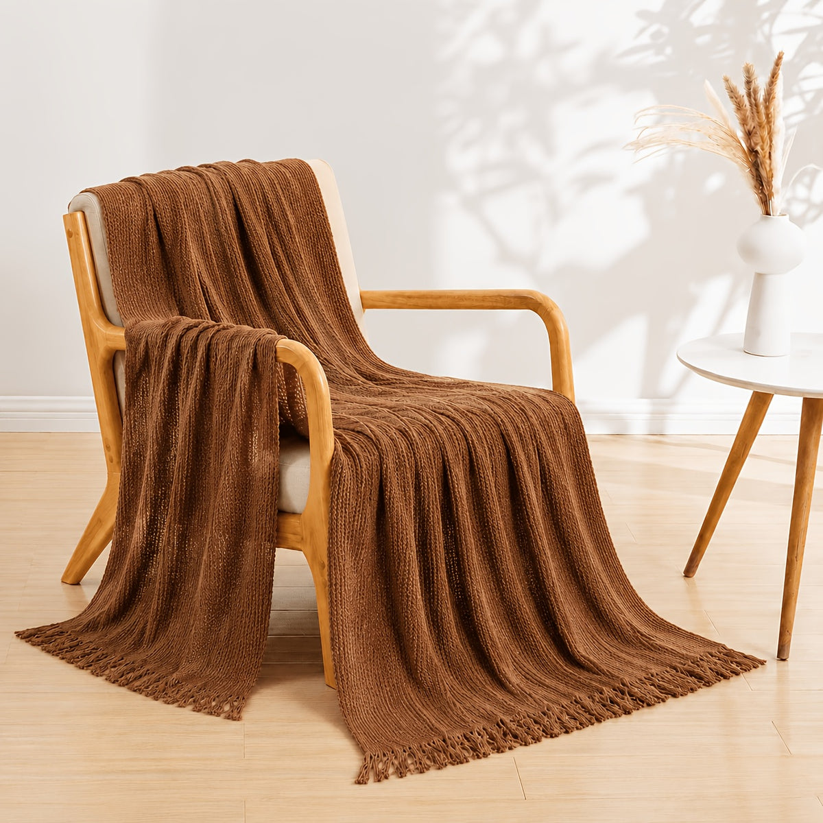Waffle Knit Throw Blanket with Tassel Fringe for Sofa, Bed or Outdoor Lounging, Lightweight Boho Accent in Khaki, Beige and Green Options