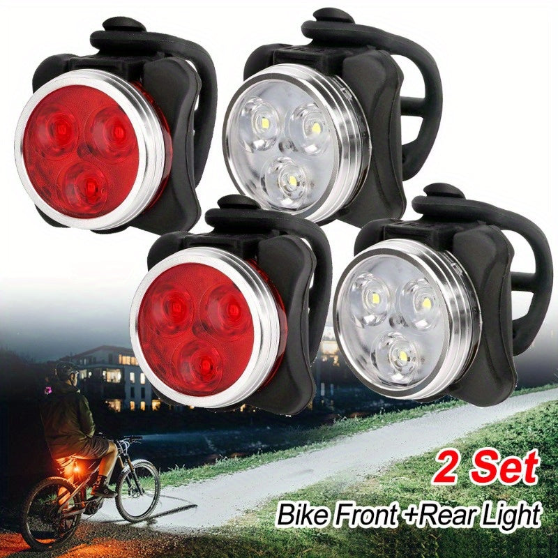 4-Piece Bicycle Light Set with USB Rechargeable Front and Rear LED Lights, 4 Modes, ABS Construction and Seatpost Mounting for Night Rides