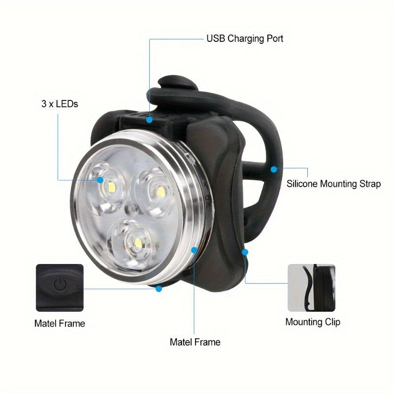 4-Piece Bicycle Light Set with USB Rechargeable Front and Rear LED Lights, 4 Modes, ABS Construction and Seatpost Mounting for Night Rides