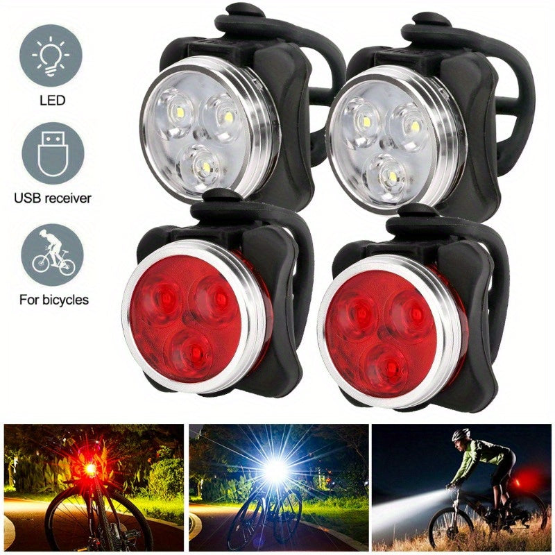 4-Piece Bicycle Light Set with USB Rechargeable Front and Rear LED Lights, 4 Modes, ABS Construction and Seatpost Mounting for Night Rides