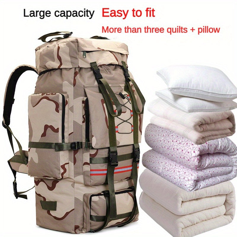 130L Expandable Backpack, Extra-Large Oxford Cloth Tactical-Style Gear Bag for Hiking, Mountaineering and Travel in Khaki, Green, Black or Desert