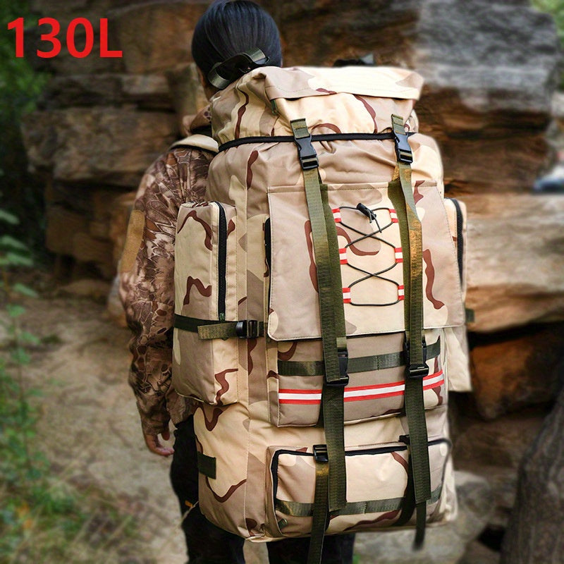 130L Expandable Backpack, Extra-Large Oxford Cloth Tactical-Style Gear Bag for Hiking, Mountaineering and Travel in Khaki, Green, Black or Desert