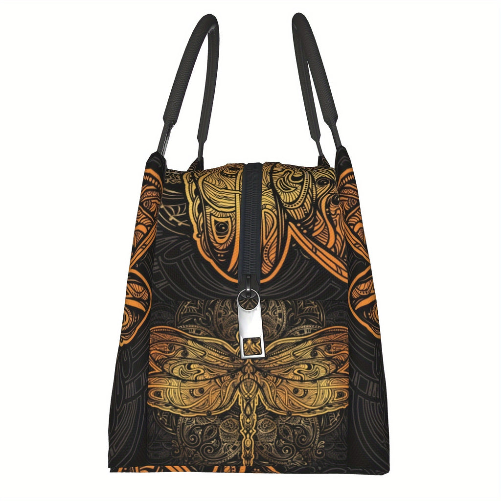 Mandala Dragonfly Insulated Cooler Bag, Reusable 11 x 6.5 x 7 Inch Lunch Carrier for Office Meals, Picnics, Beach Outings and Everyday Use