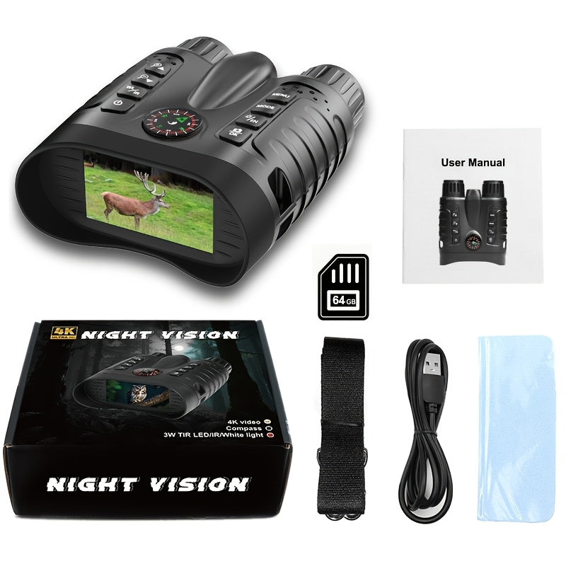 4K Digital Night Vision Goggles with 3.2-Inch Screen, 8X Digital Zoom and 64GB Memory Card for Adult Camping, Hunting and Outdoor Photo Video Capture