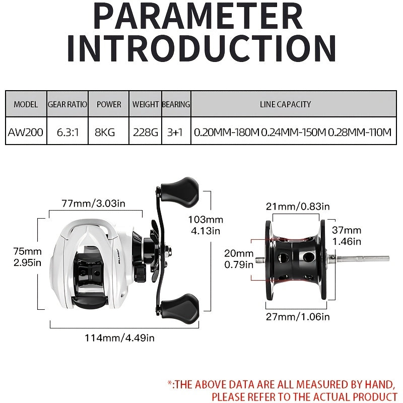 6.3:1 Baitcasting Reel AW200 Series with 18 lb Max Drag, AW200-L and AW200-R Model Options for Freshwater and Saltwater Fishing