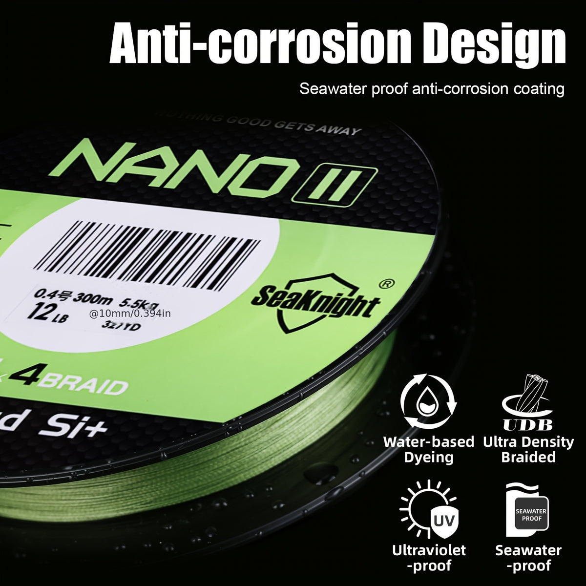 Braided Fishing Line by SeaKnight Nano II, 4-Strand PE Line in 110 or 327 Yard Options, 7–15 lb Listed Tests and Green or Yellow Colors