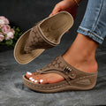Cutout Wedge Sandals for Women, Open-Toe Slip-On Summer Shoes with Thick Soles and Decorative Metallic Details for Beach Vacations and Casual Outfits