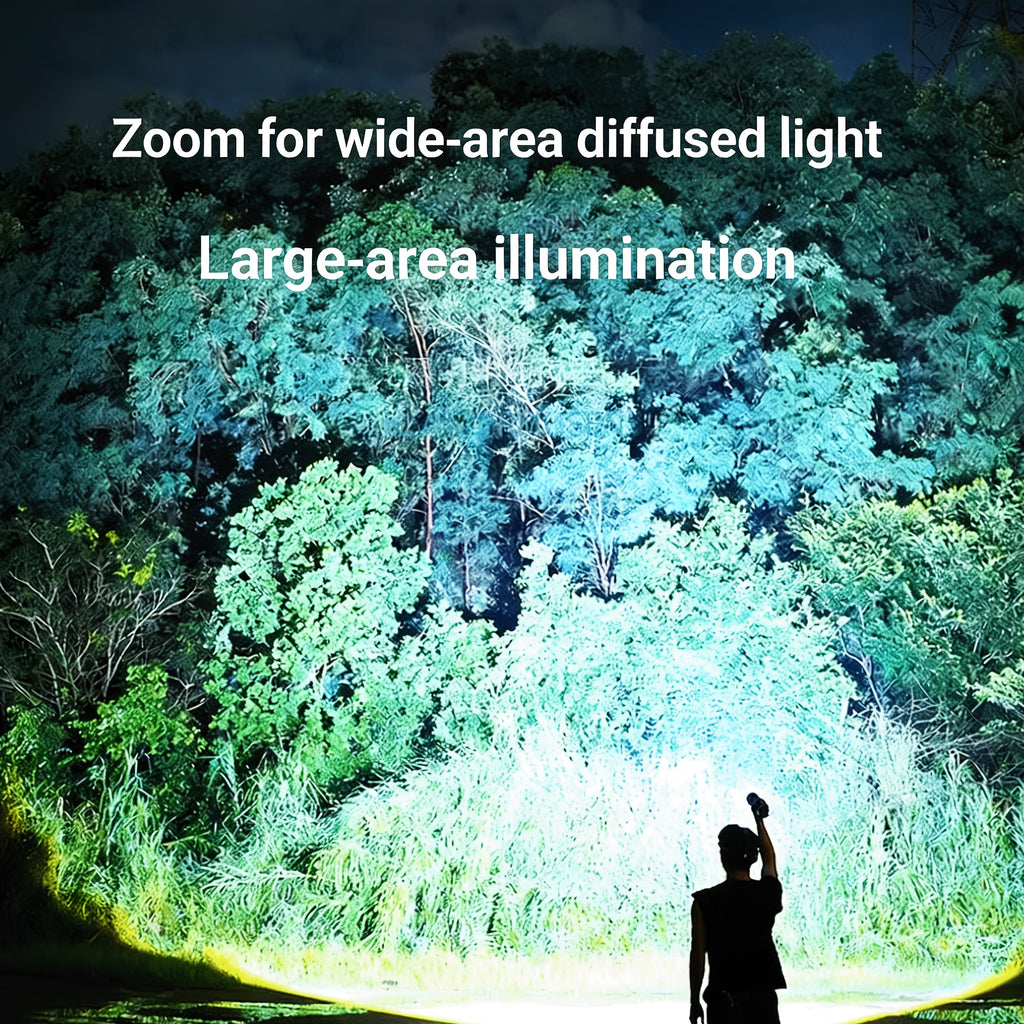 5-Mode Rechargeable LED Flashlight with Digital Power Display, Zoomable Aluminum Alloy Handheld Torch in Green with Hanging Strap and Lithium Battery