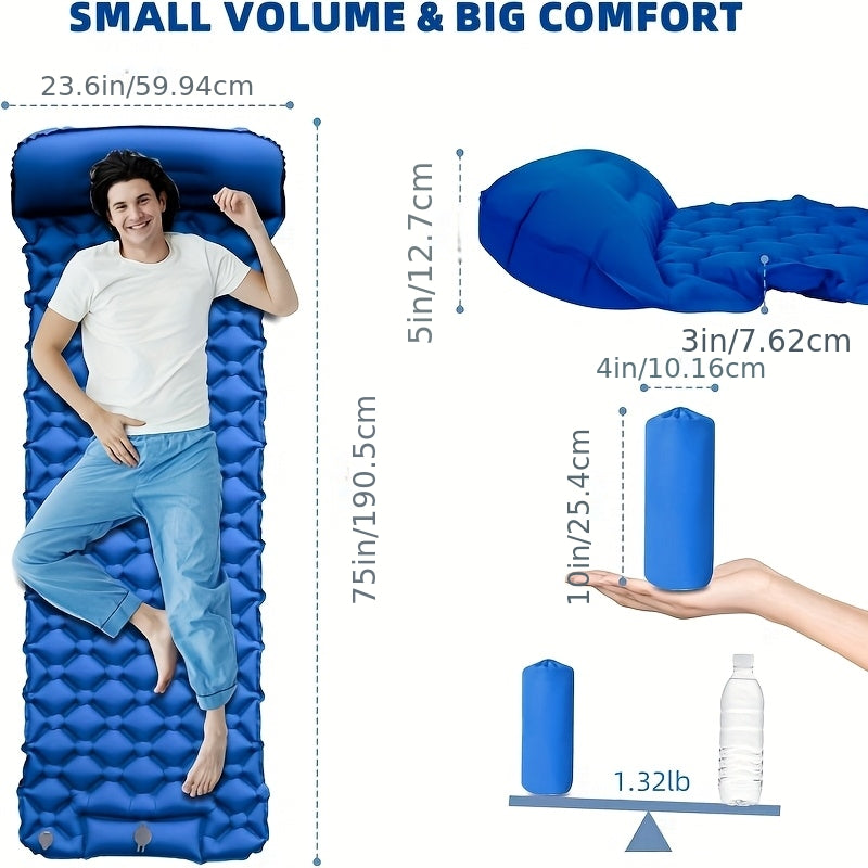 Inflatable Camping Sleeping Pad, 75 x 24 Inch Sleep Mat with Built-In Pump, Carry Bag and Repair Kit for Compact Outdoor Overnight Gear