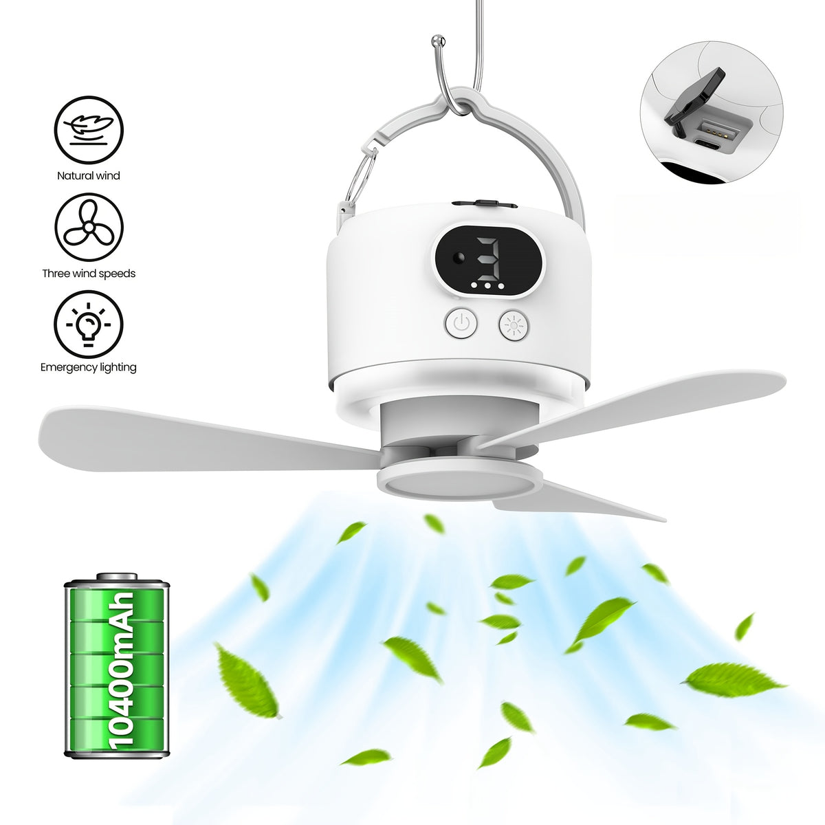 10400mAh Camping Ceiling Fan with Remote Control and LED Light, USB Rechargeable Tent Fan with Detachable Blades and Four Adjustable Speed Settings