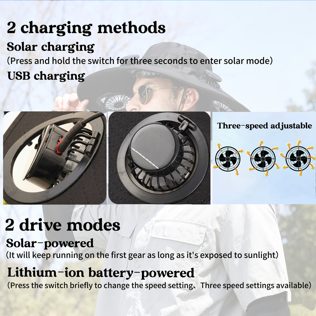 4-Fan Solar Powered Sun Hat with Wide Brim, USB Charging and 3 Adjustable Speeds for Fishing, Hiking and Summer Outdoor Activities