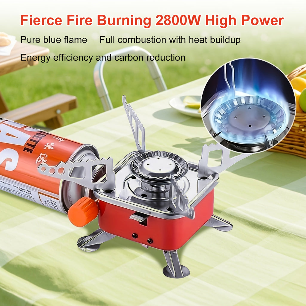 Mini Butane Camping Stove with Folding Supports and Adjustable Flame, Palm-Sized Red Portable Gas Burner for Hiking, Picnics and Outdoor Cooking