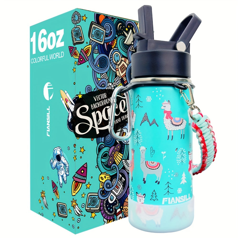 16oz Student Insulated Water Bottle, Stainless Steel Vacuum Flask with One-Hand Lid, Carry Strap and Seven Designs for School and Outdoor Trips