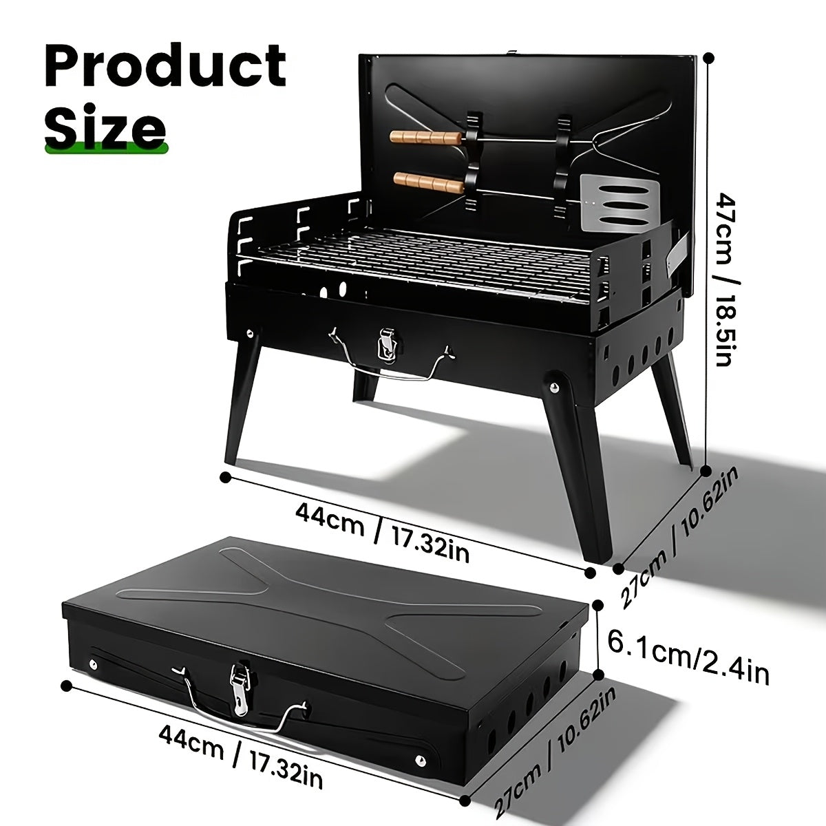 Compact Charcoal BBQ Grill in Black, Folding Portable Outdoor Cooker for Camping, Tailgating, Beach Cookouts and Backyard Gatherings