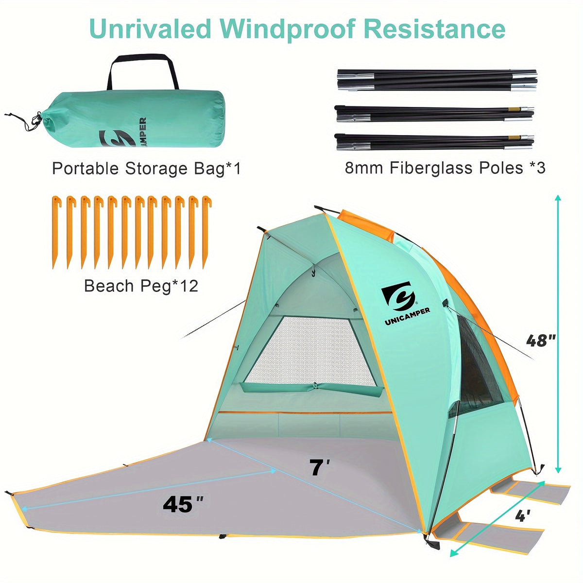 3-Person Beach Sun Shelter with UPF 50+ Fabric, Extended PE Floor and Three Mesh Roll-Up Windows, Portable 4 lb Tent for Beach Days and Outdoor Picnics