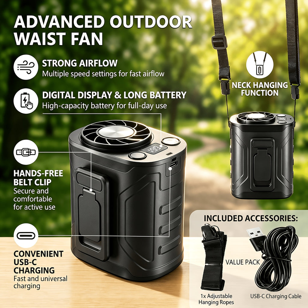 5000mAh Portable Waist Fan with 199 Speed Settings, Listed 18000 RPM Brushless Motor and LED Power Display in Orange, Green or Black, 1 or 2 Pieces