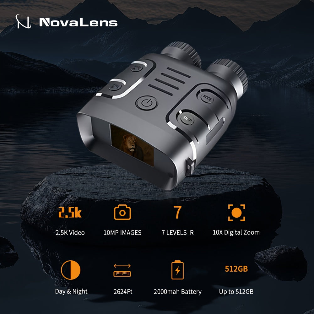 2.5K Night Vision Binoculars with 10x Zoom and 2.4-Inch Display, Photo and Video Capture for Wildlife Observation, Hunting and Ranch Monitoring