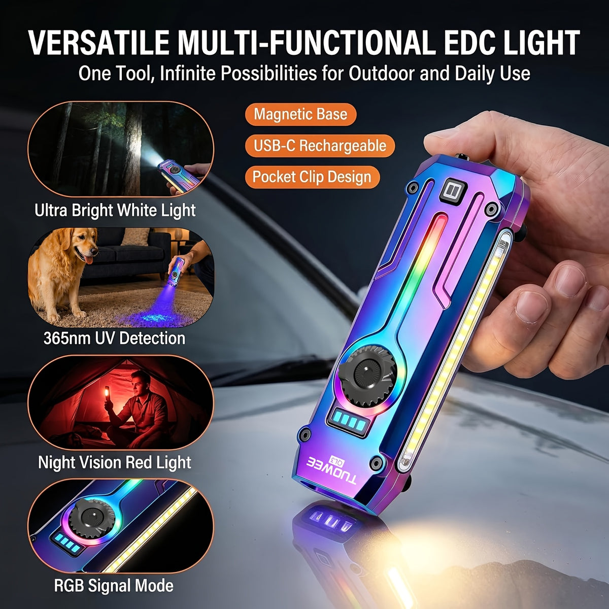 7-in-1 LED Flashlight with Listed 1200LM Output, UV Light, Laser Pointer, RGB Ambient Lighting, Magnetic Base and USB-C Rechargeable Design