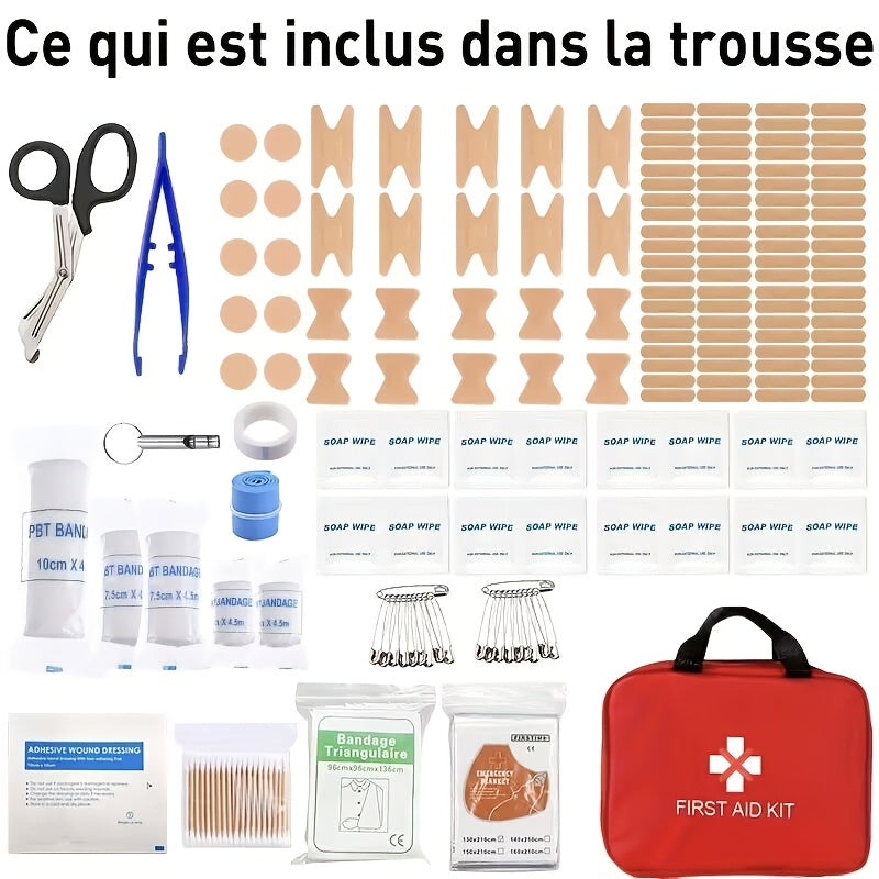 First Aid Kit with Emergency Foil Blanket, Scissors, Bandages and Adhesive Bandages, Compact Portable Supply Set for Home and Car Preparedness