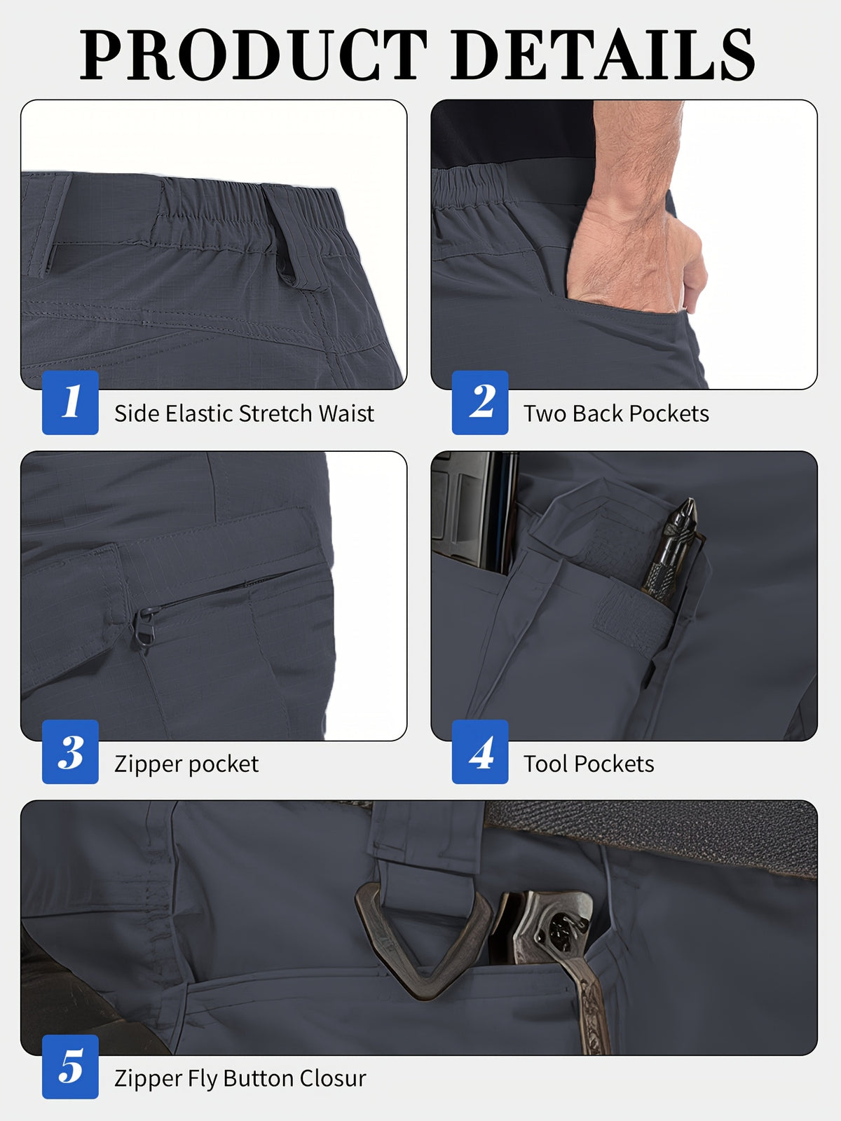 Multi-Pocket Cargo Shorts for Men, Breathable Quick-Dry Tactical-Style Work Shorts in Black, Khaki, Grey or Fern Green for Everyday Outdoor Wear