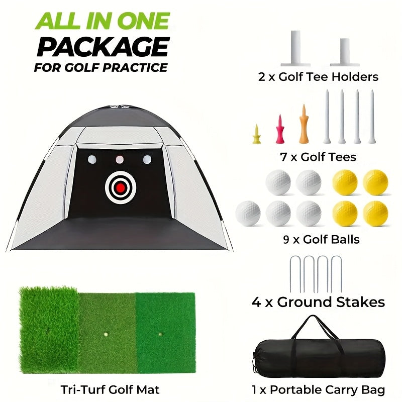Golf Hitting Net Set 10 x 7 ft with Training Mat, Target and Storage Bag, Indoor Outdoor Practice Setup for Backyard and Home Workout Equipment