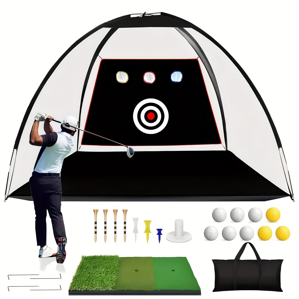 Golf Hitting Net Set 10 x 7 ft with Training Mat, Target and Storage Bag, Indoor Outdoor Practice Setup for Backyard and Home Workout Equipment