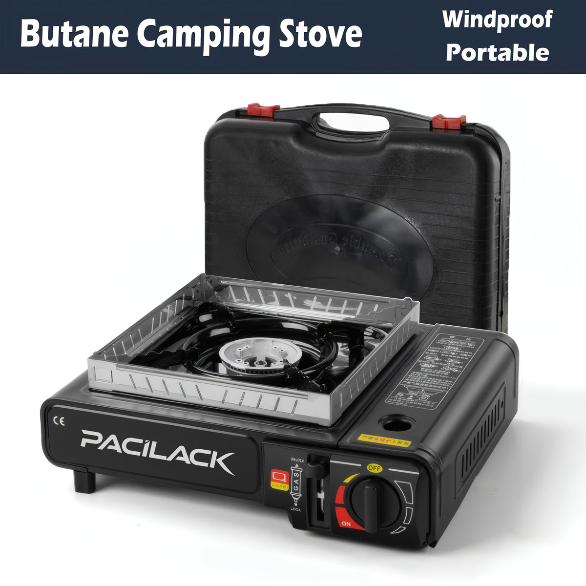 Butane Camping Stove with Windscreen and Carrying Case, Portable Outdoor Cooking Equipment for Campsite Meals and Tailgating in Black or Red