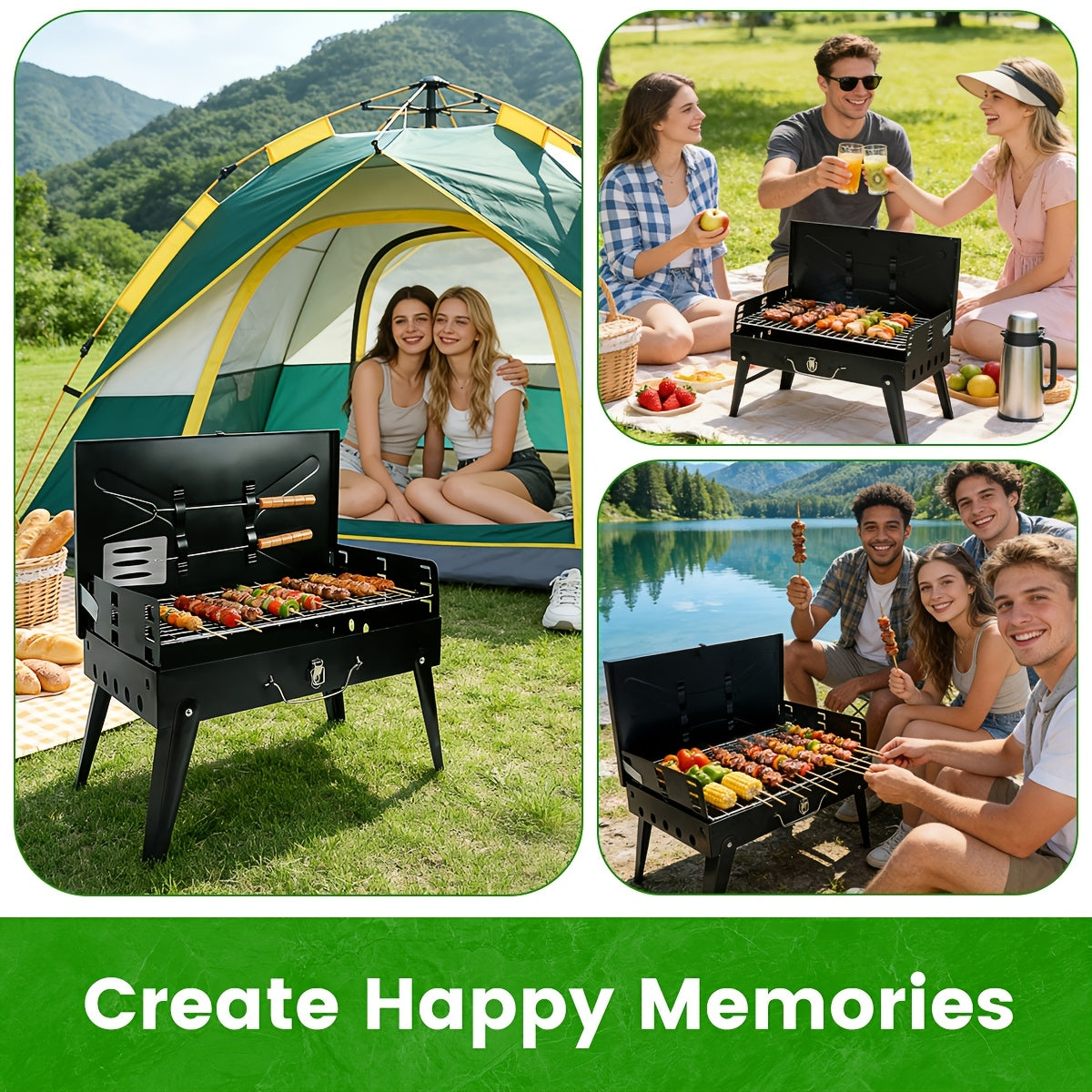 Compact Charcoal BBQ Grill in Black, Folding Portable Outdoor Cooker for Camping, Tailgating, Beach Cookouts and Backyard Gatherings