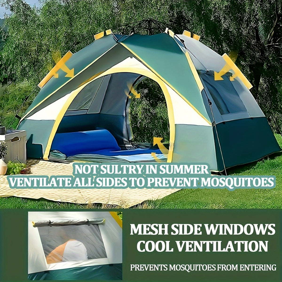 4-Person Pop-Up Camping Tent with Insect Net and Zipper Closure, Automatic Outdoor Sunshade Shelter in White and Green Color Options