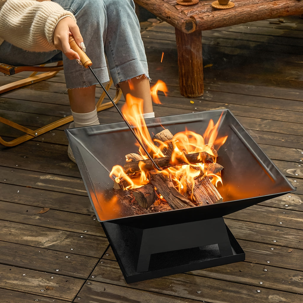 Outdoor Iron Fire Pit 18.5 Inch in Black, Heavy-Duty Lacquered Backyard and Camping Fire Bowl with Combustion Grate, Ash Collector and Charcoal Hook