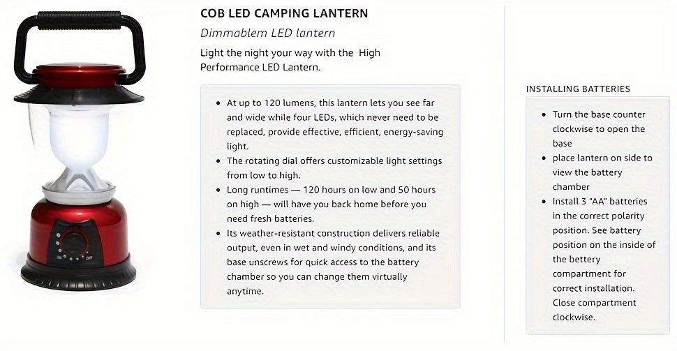 Dimmable COB LED Lanterns 4-Pack, Battery-Powered Portable Lights in Grey or Red for Hiking, Repairs and Power Outages, Batteries Not Included