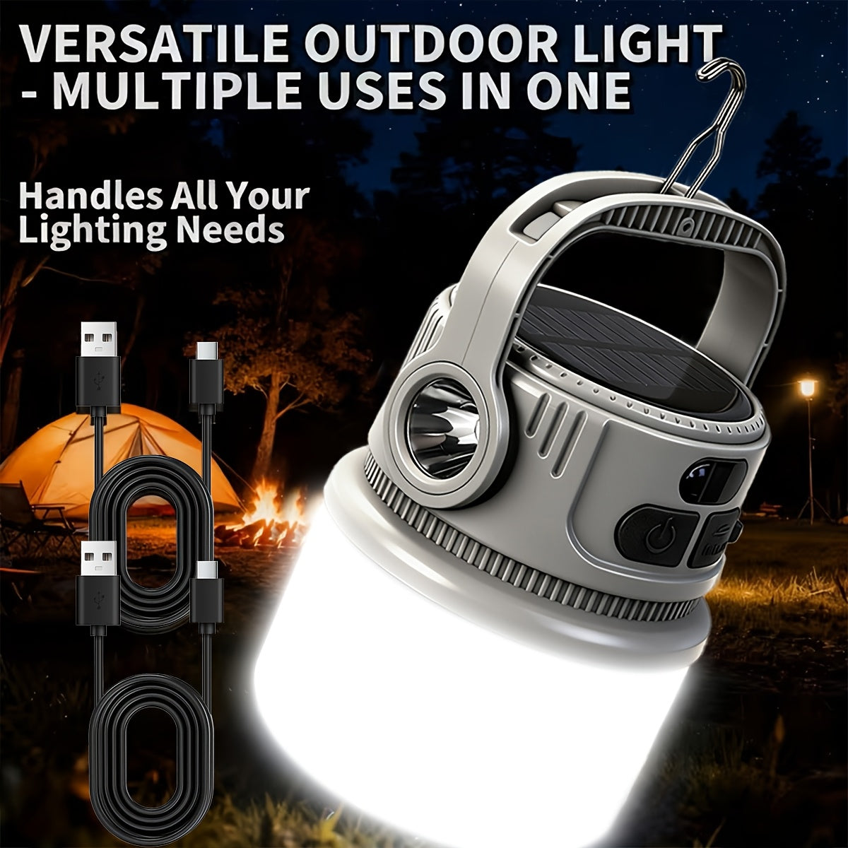 6-Mode Solar Camping Light with USB-C Charging, Hanging Hook and Battery Display, Portable Rechargeable LED Lamp with Phone Backup Power