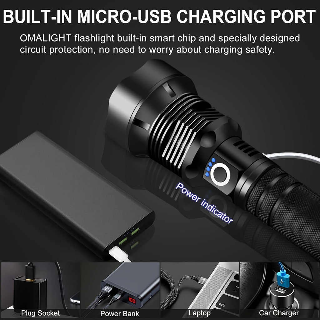 6000mAh Rechargeable LED Flashlight with Type-C Charging, Aluminum Alloy Tactical Work Light with Adjustable Spotlight and Floodlight Focus for Outdoor Tasks