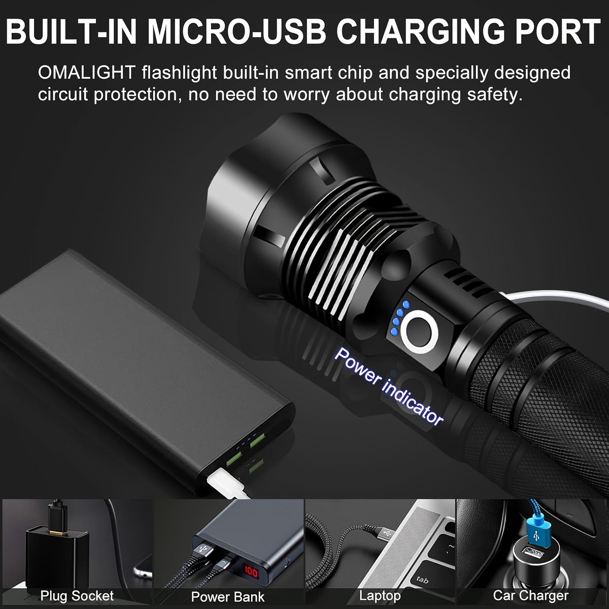 6000mAh Rechargeable LED Flashlight with Type-C Charging, Aluminum Alloy Tactical Work Light with Adjustable Spotlight and Floodlight Focus for Outdoor Tasks