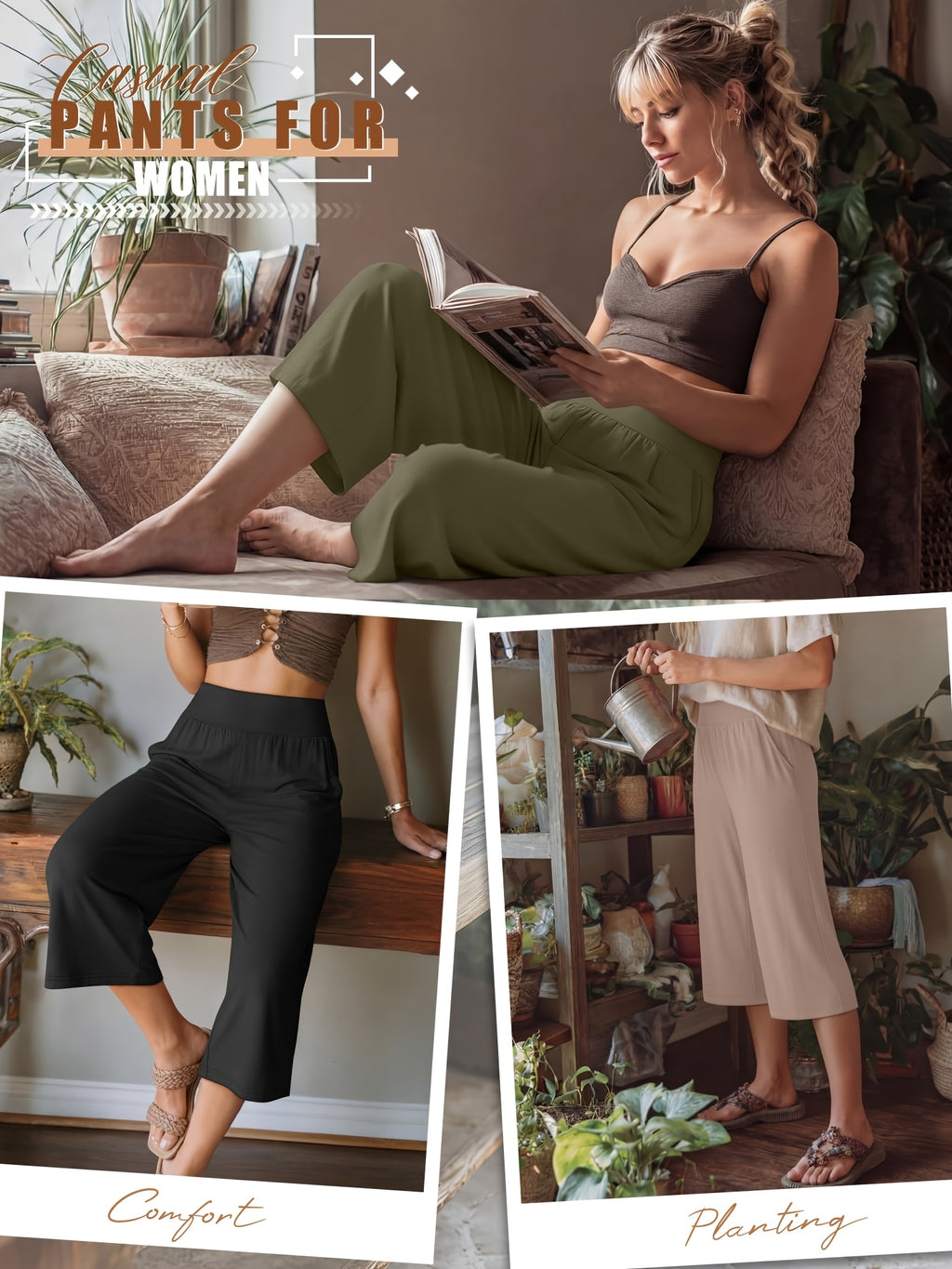 Women's Loose Capri Jogger Pants with Pockets, 3-Pack