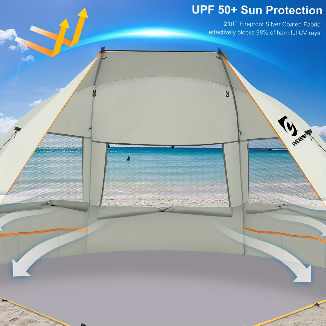 3-Person Beach Sun Shelter with UPF 50+ Fabric, Extended PE Floor and Three Mesh Roll-Up Windows, Portable 4 lb Tent for Beach Days and Outdoor Picnics
