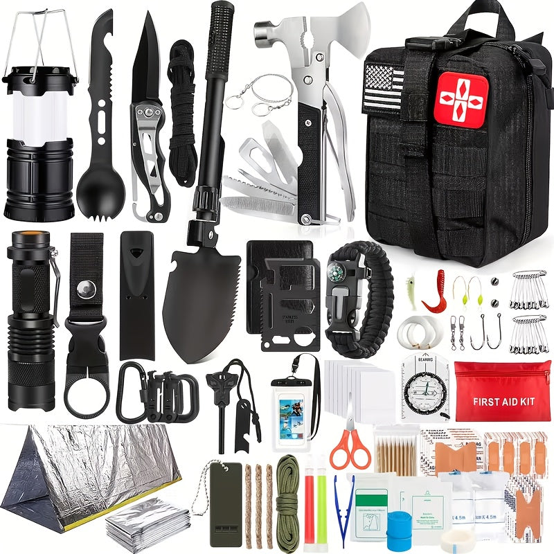 Outdoor Survival Gear Kit with Fire Starter, Compass and Multi-Tools for Camping, 13-in-1 or 258-in-1 Labeled Options and Gift Ideas