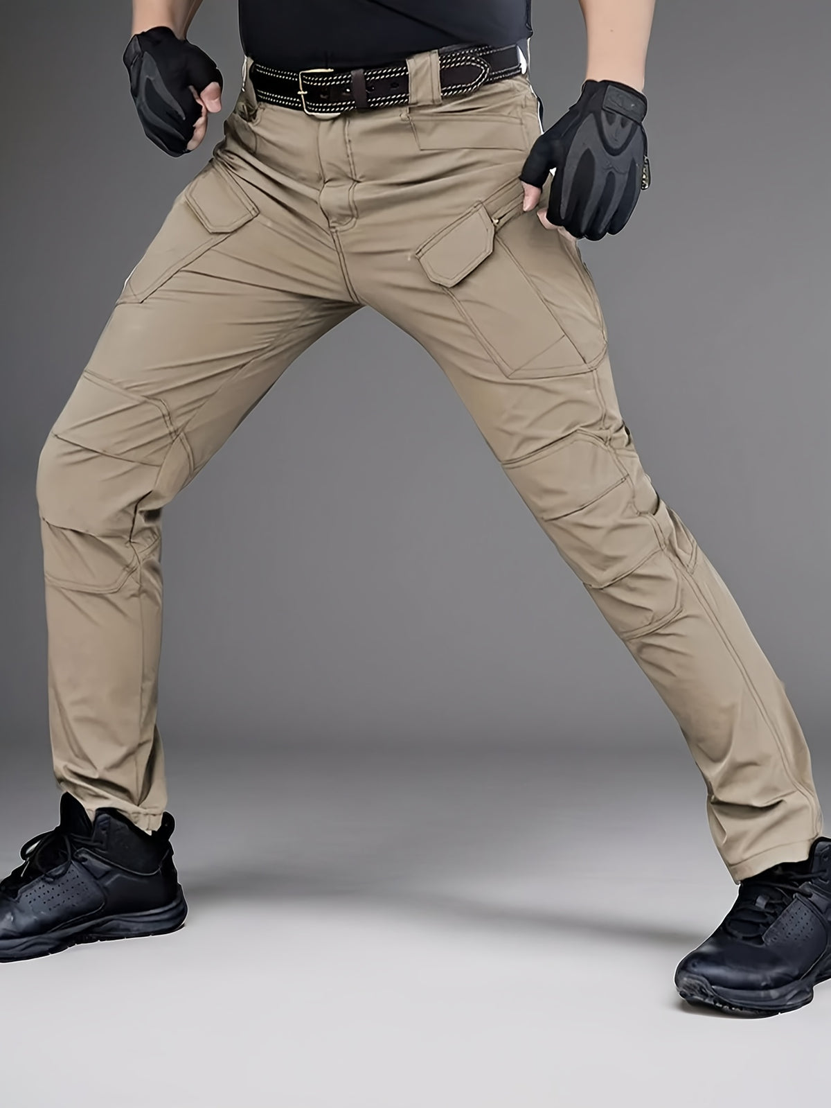 Relaxed-Fit Polyester Tactical Pants for Men with Belt Included, Lightweight Quick-Dry Multi-Pocket Trousers for Hiking, Outdoor Adventures and Work