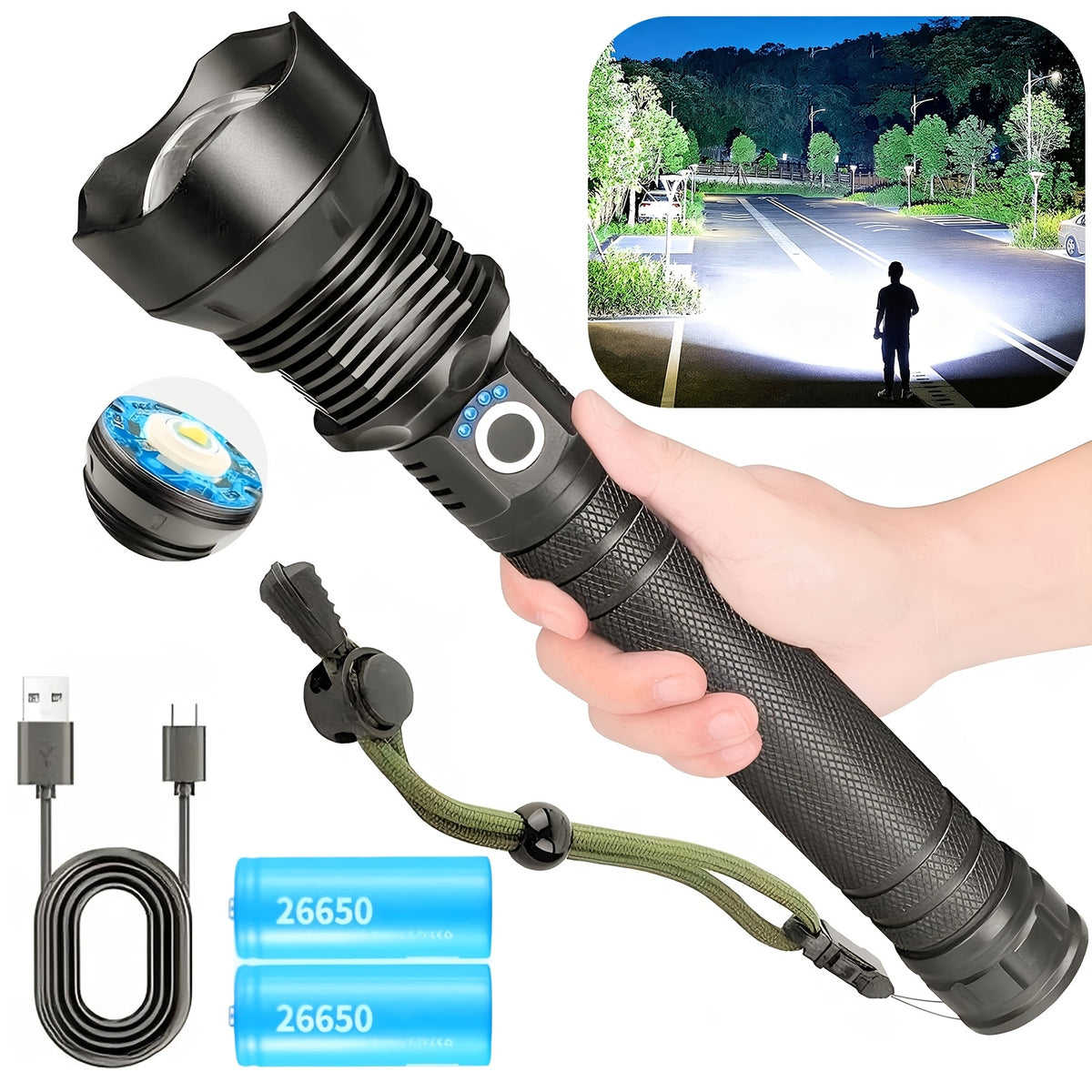 6000mAh Rechargeable LED Flashlight with Type-C Charging, Aluminum Alloy Tactical Work Light with Adjustable Spotlight and Floodlight Focus for Outdoor Tasks