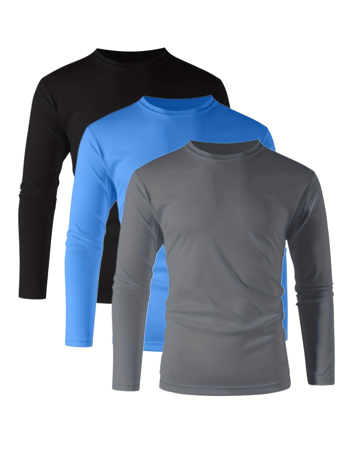 Men's UPF 50+ Quick-Dry Shirt 3-Pack, Long-Sleeve Moisture-Wicking Athletic Tops for Gym, Running, Golf and Beach Use, Mixed Colors