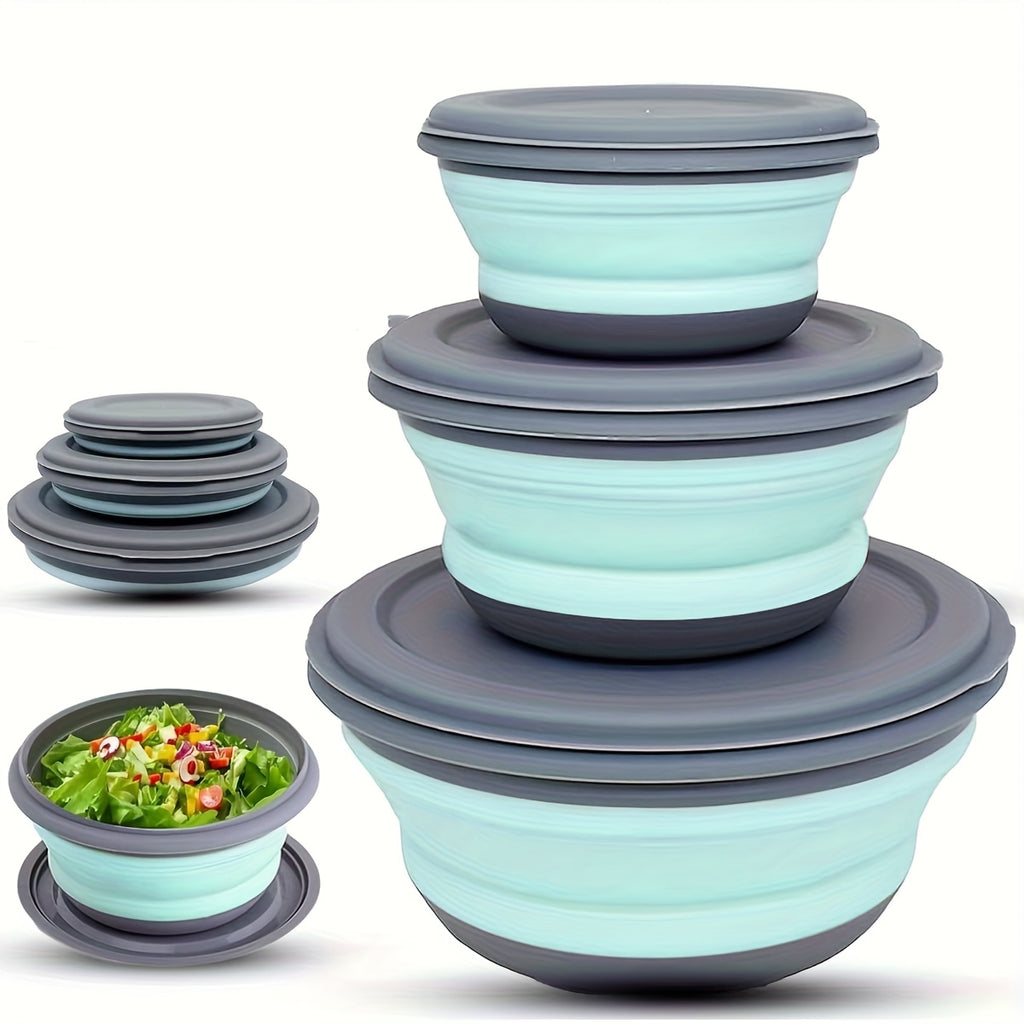 Foldable Camping Bowls with Lids, 3-Piece Silicone Food Container Set with Folding Utensils and Storage Bag for Picnic Salads and Packed Lunches