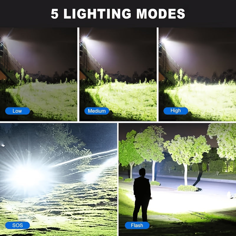 5-Mode Rechargeable LED Flashlight with Digital Power Display, Zoomable Aluminum Alloy Handheld Torch in Green with Hanging Strap and Lithium Battery