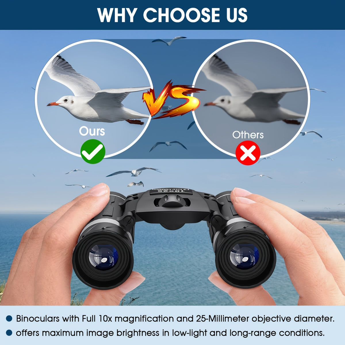 10x25 Compact Binoculars with Waist Bag and Strap, Lightweight Black Pocket Optics for Bird Watching, Hunting, Travel, Sports and Concerts