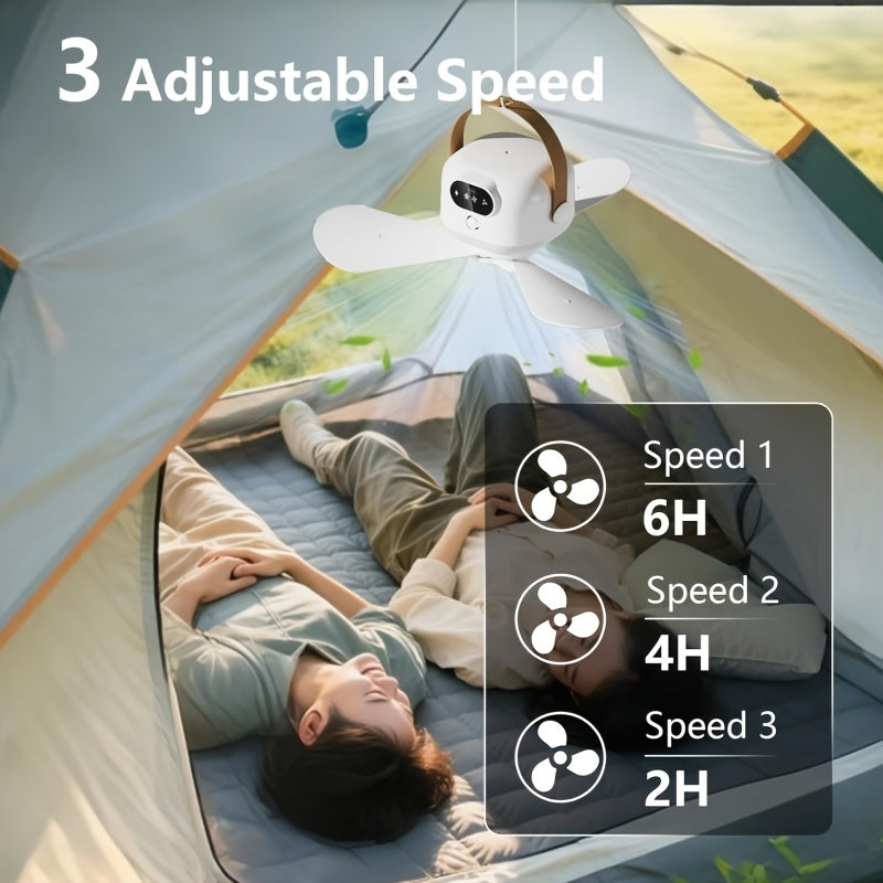 Tent Ceiling Fan with LED Illumination, Rechargeable Portable Camping Fan with 3 Removable Blades and 3 Speeds for RVs, Gazebos and Dorm Rooms