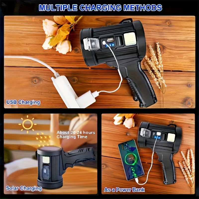 6-Mode Rechargeable LED Flashlight with 3 Color Filters, USB and Solar Power Options, Listed IPX4 Splash Resistance for Outdoor Lighting