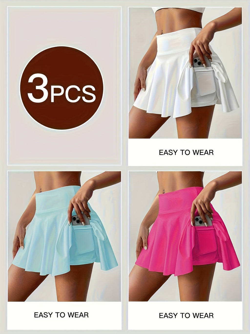 14-Inch Pleated Tennis Skorts for Women, 3-Piece High-Waist Stretch Set with Built-In Shorts, Two Inner Pockets and Side Tie Detail, S–XXL